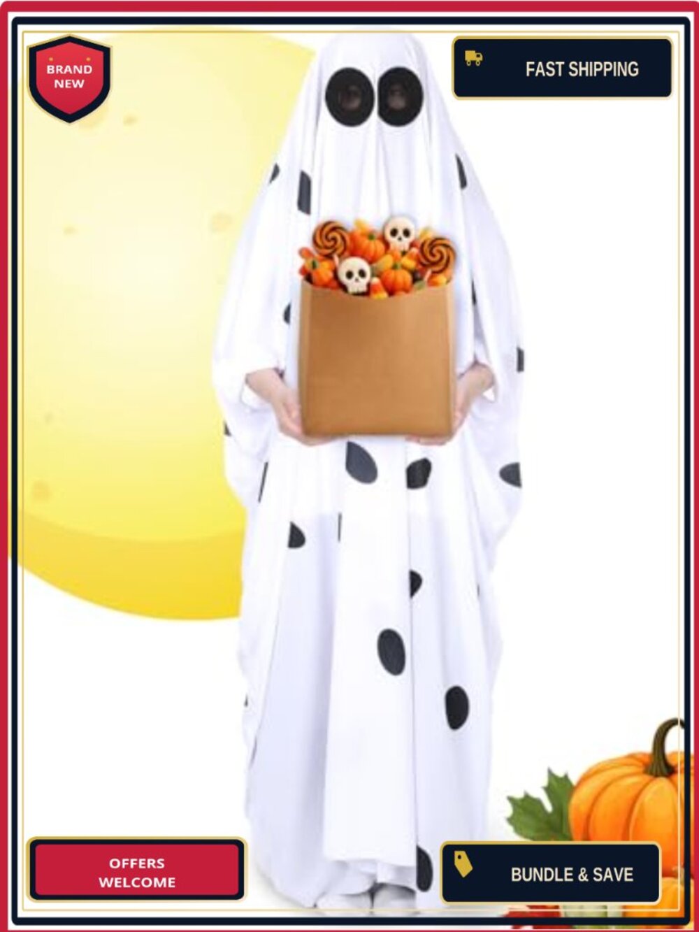 Halloween Ghost Costume Set Adult White Cloak & Kraft Bag Scary Cosplay